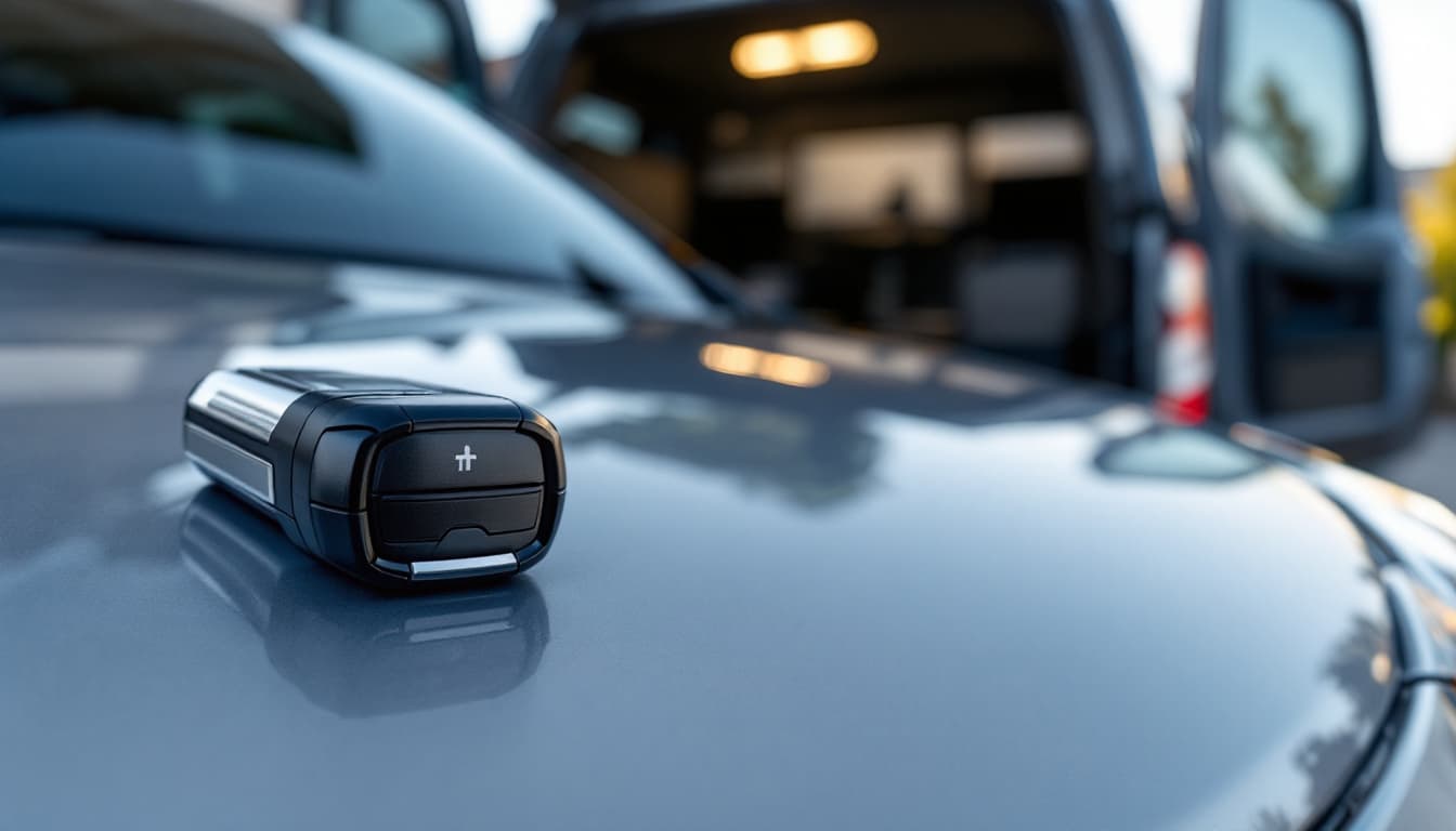Replacement Acura key resting on the hood of a sedan beside an open mobile locksmith van in Fort Worth