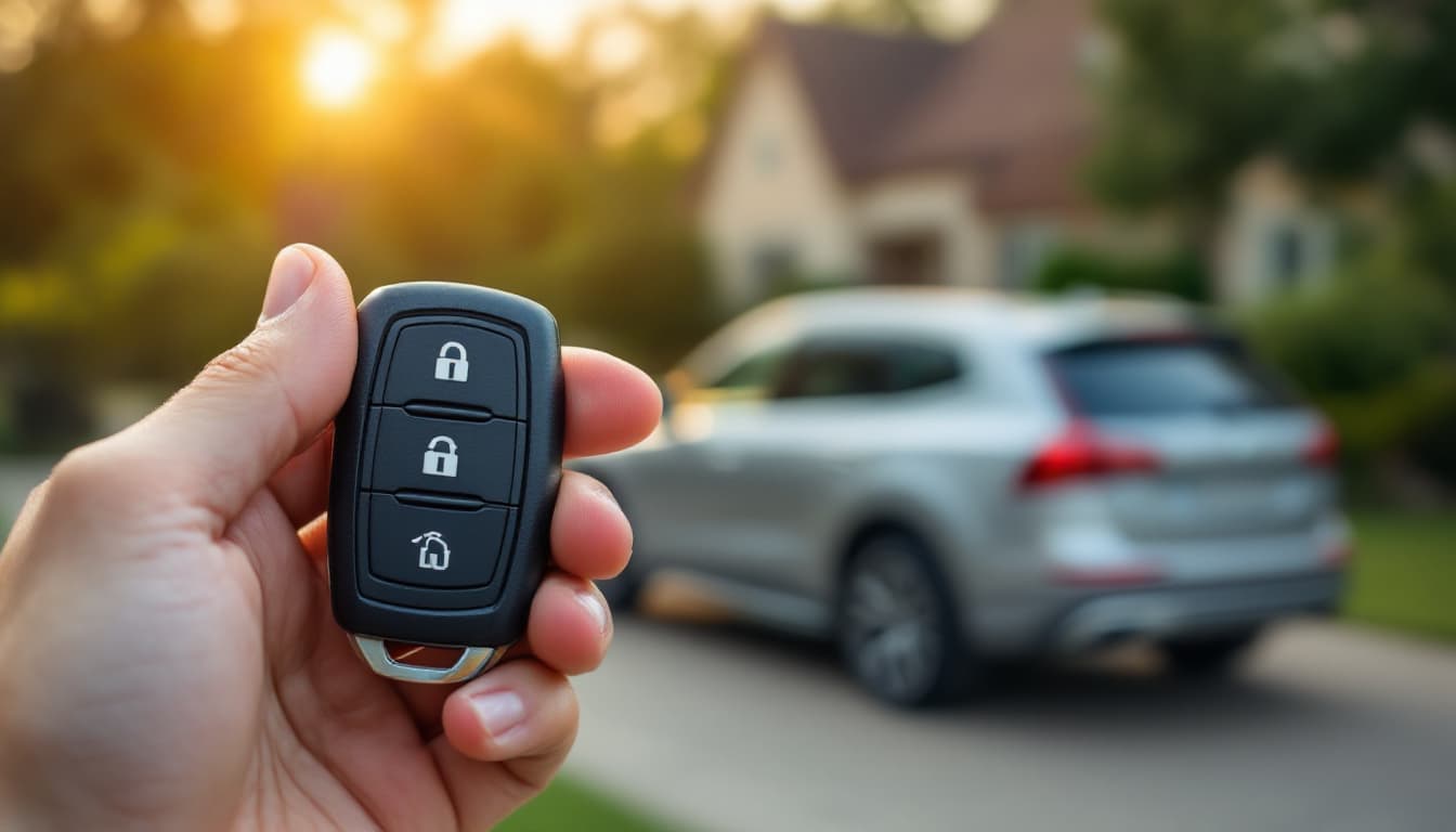A hand holding a black car key remote in the foreground with a silver SUV out of focus in a driveway behind