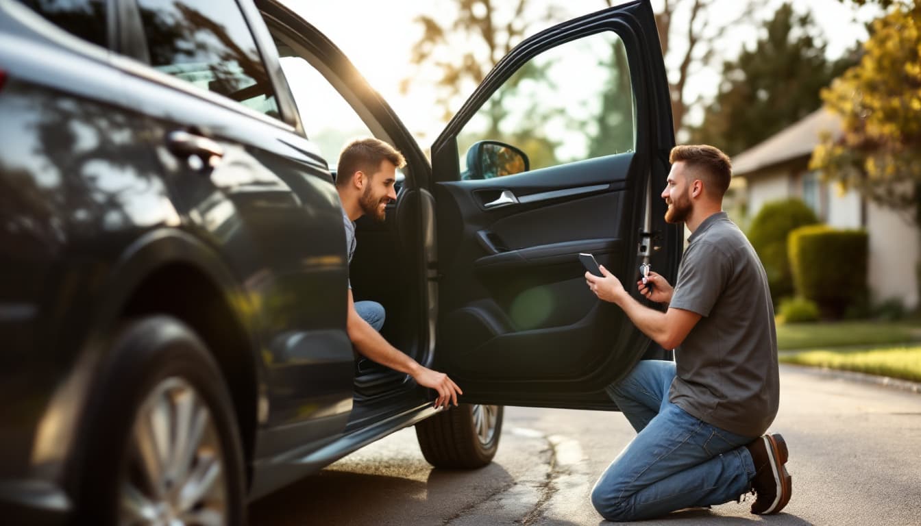 Mobile locksmith kneeling at the open driver's door of a family SUV in a Fort Worth driveway