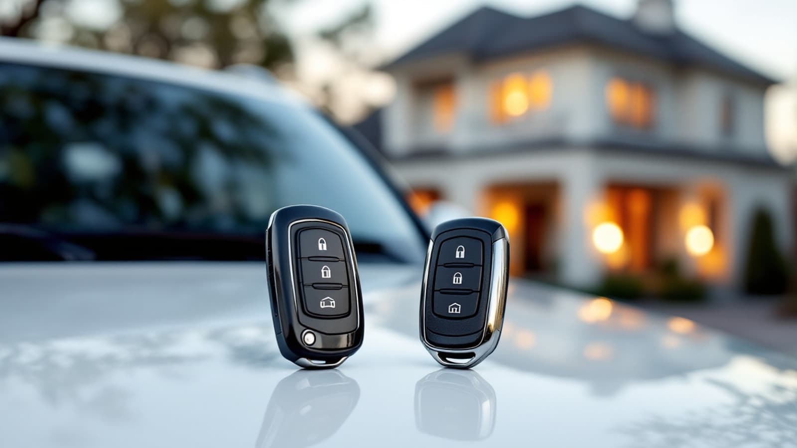 Two matching proximity key fobs resting on the hood of a luxury crossover outside a Fort Worth home