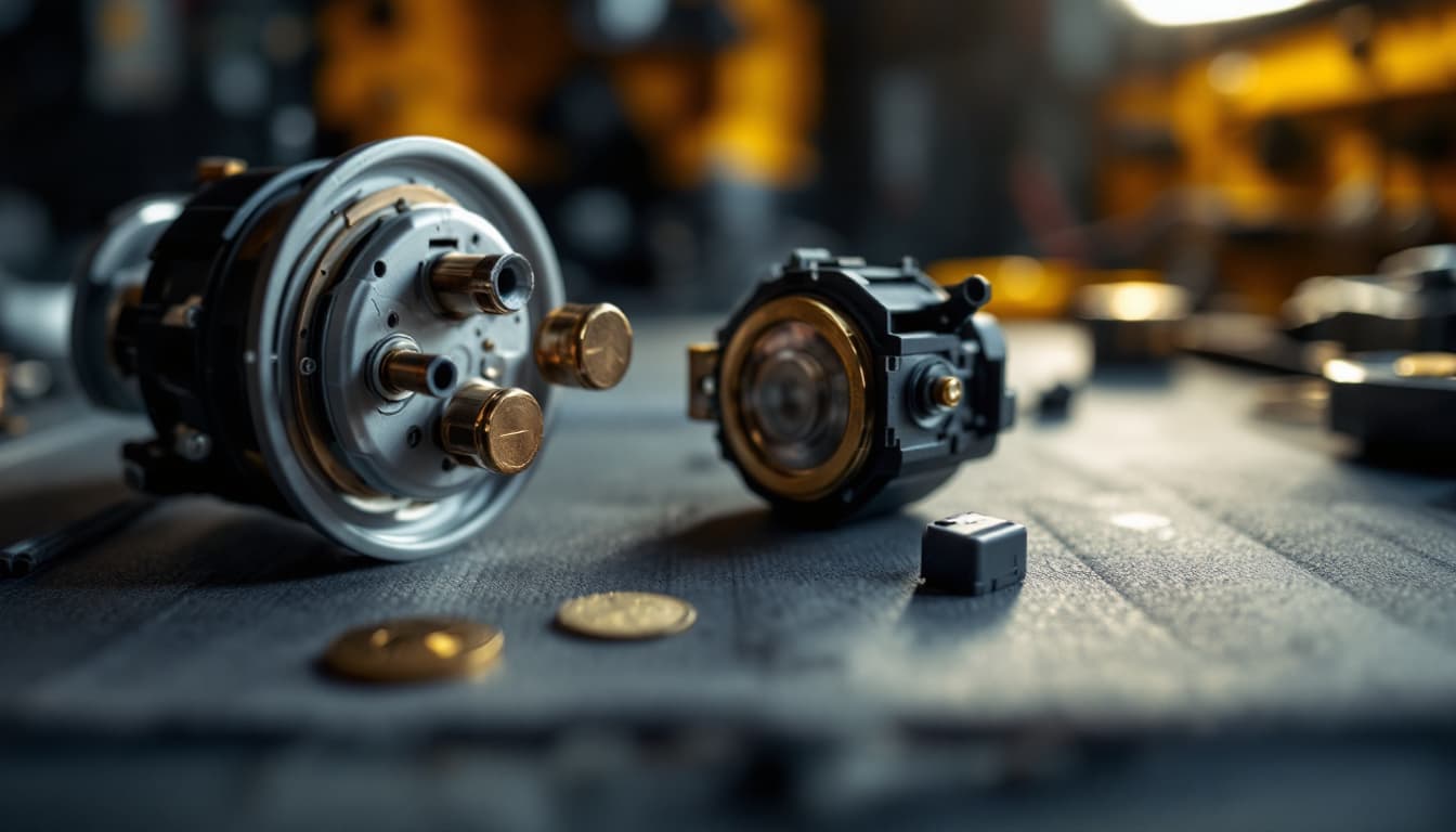 Disassembled automotive ignition lock cylinder and electrical switch laid out during an Acura ignition repair in Fort Worth