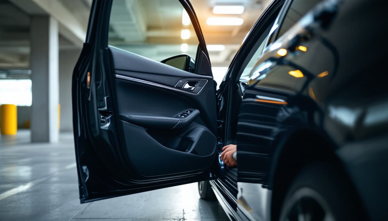 A dark luxury sedan parked under garage lighting while a technician works at the open driver door