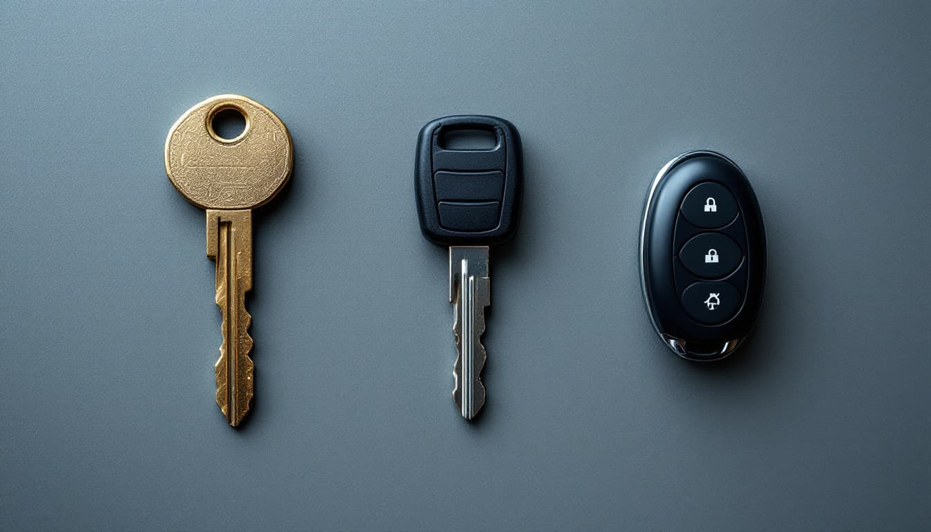 Three car keys from different decades laid side by side on a locksmith work surface in Fort Worth