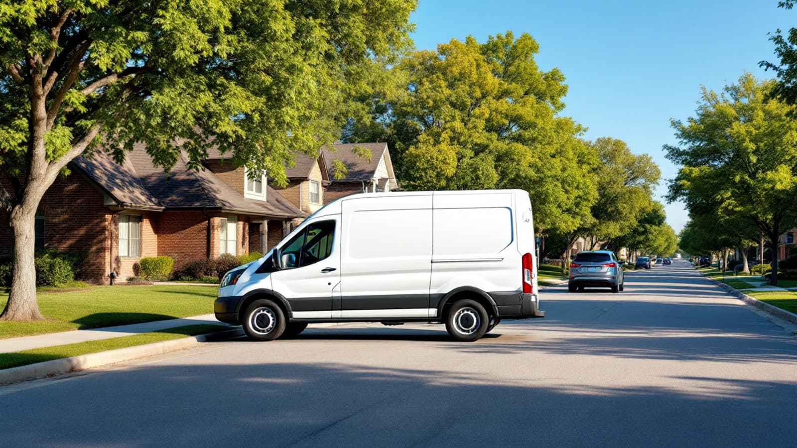 White mobile service van parked on a tree-lined suburban street of brick homes in North Texas on a clear morning