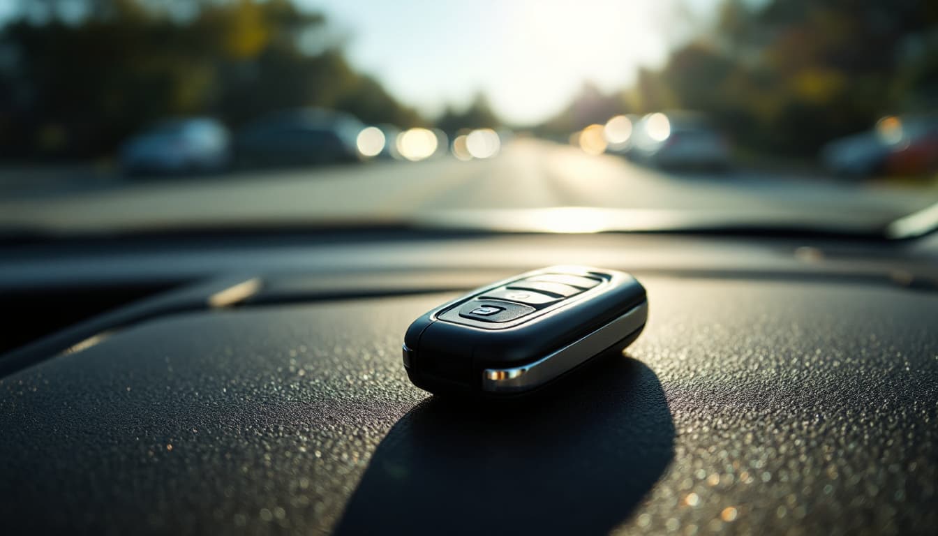 Car key fob left baking on a sun-scorched dashboard inside a parked car during a Fort Worth summer afternoon