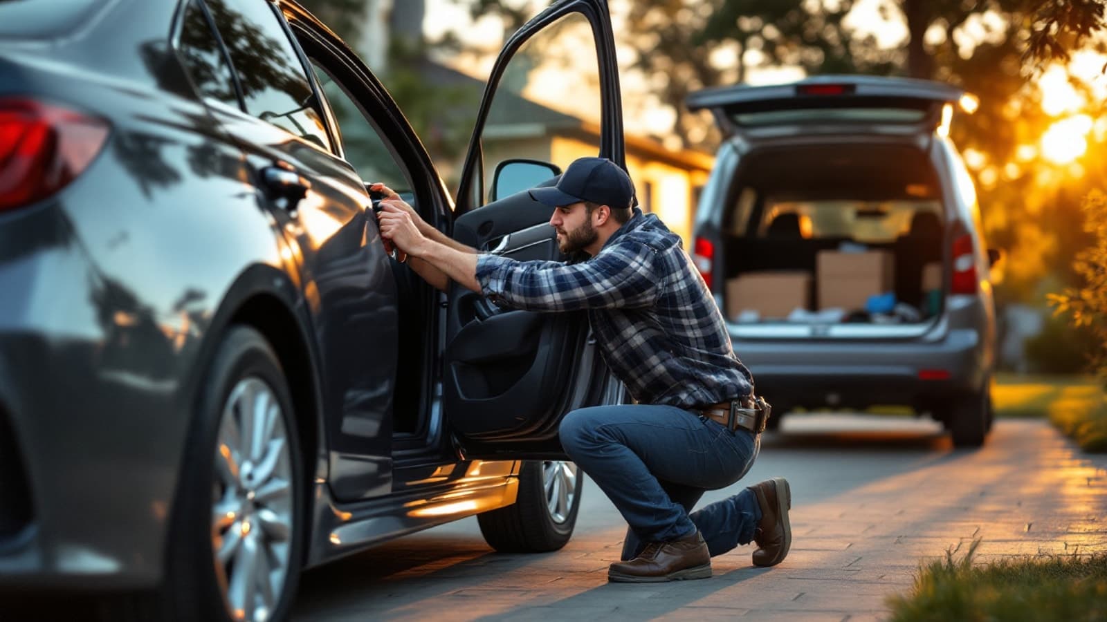 Mobile locksmith decoding a door lock on a mid-size sedan in a Fort Worth driveway at dusk
