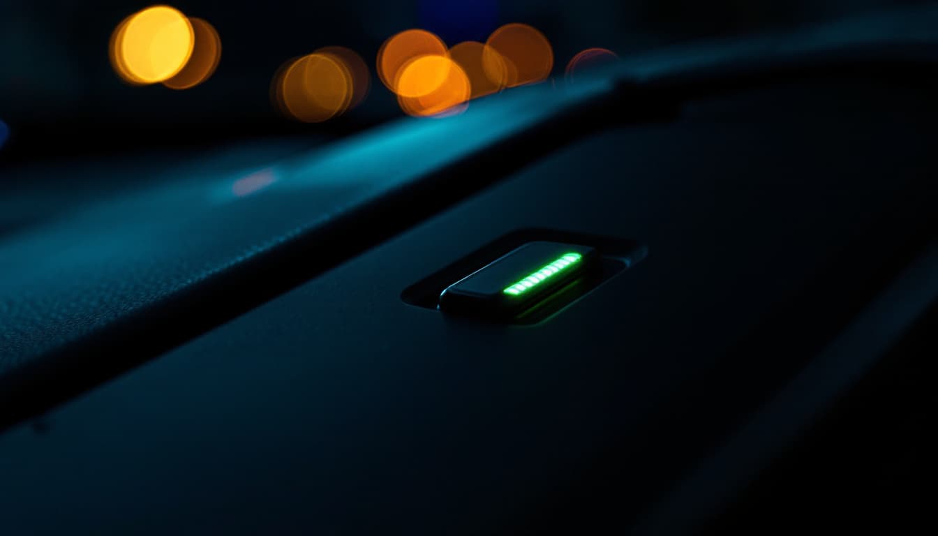 Close view of a car instrument cluster with a small green key-shaped warning icon illuminated