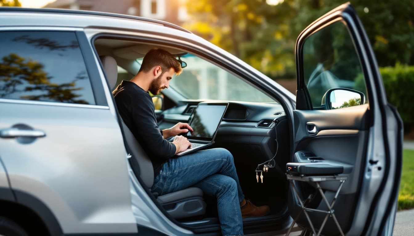 Locksmith seated in the open driver door of a silver Honda CR-V in a Fort Worth driveway with a laptop and a portable key machine on a stand