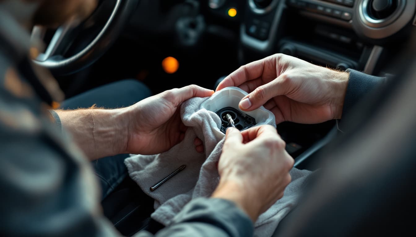 Technician working at the steering column of a compact SUV during a mobile ignition repair in Fort Worth