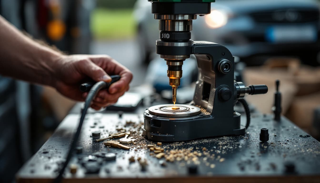 A key cutting machine milling a blank car key on a mobile locksmith workbench in a Fort Worth driveway