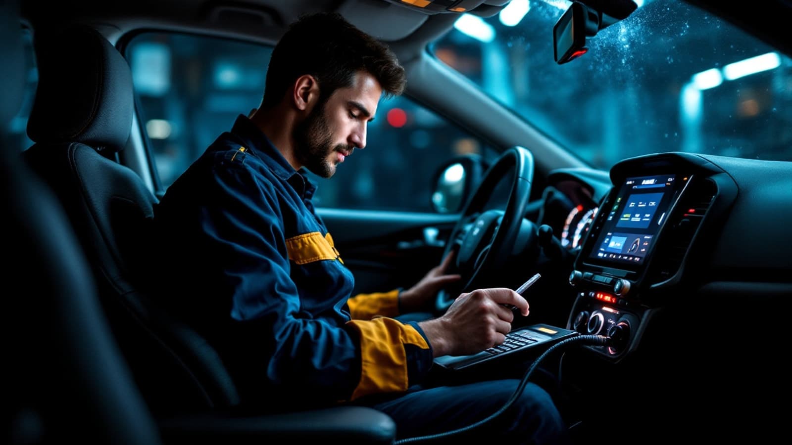 Technician with a diagnostic tablet connected under the dash of a sedan for control module programming