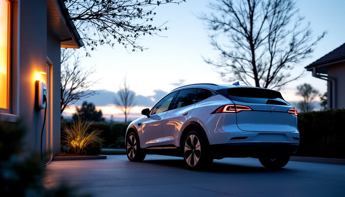 An electric crossover plugged into a home charger in a Fort Worth driveway at dusk