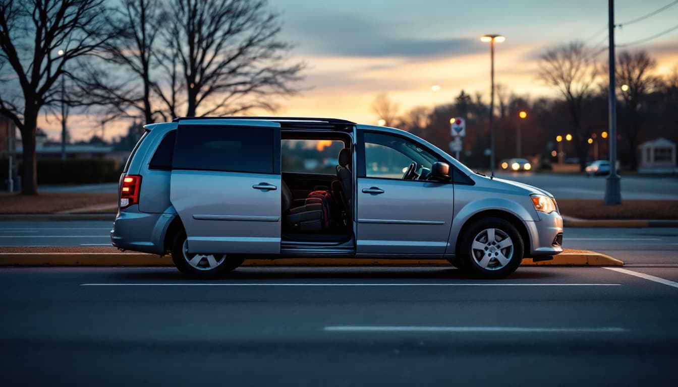 A silver minivan parked in a school pickup lot at dusk with its sliding door open in Fort Worth