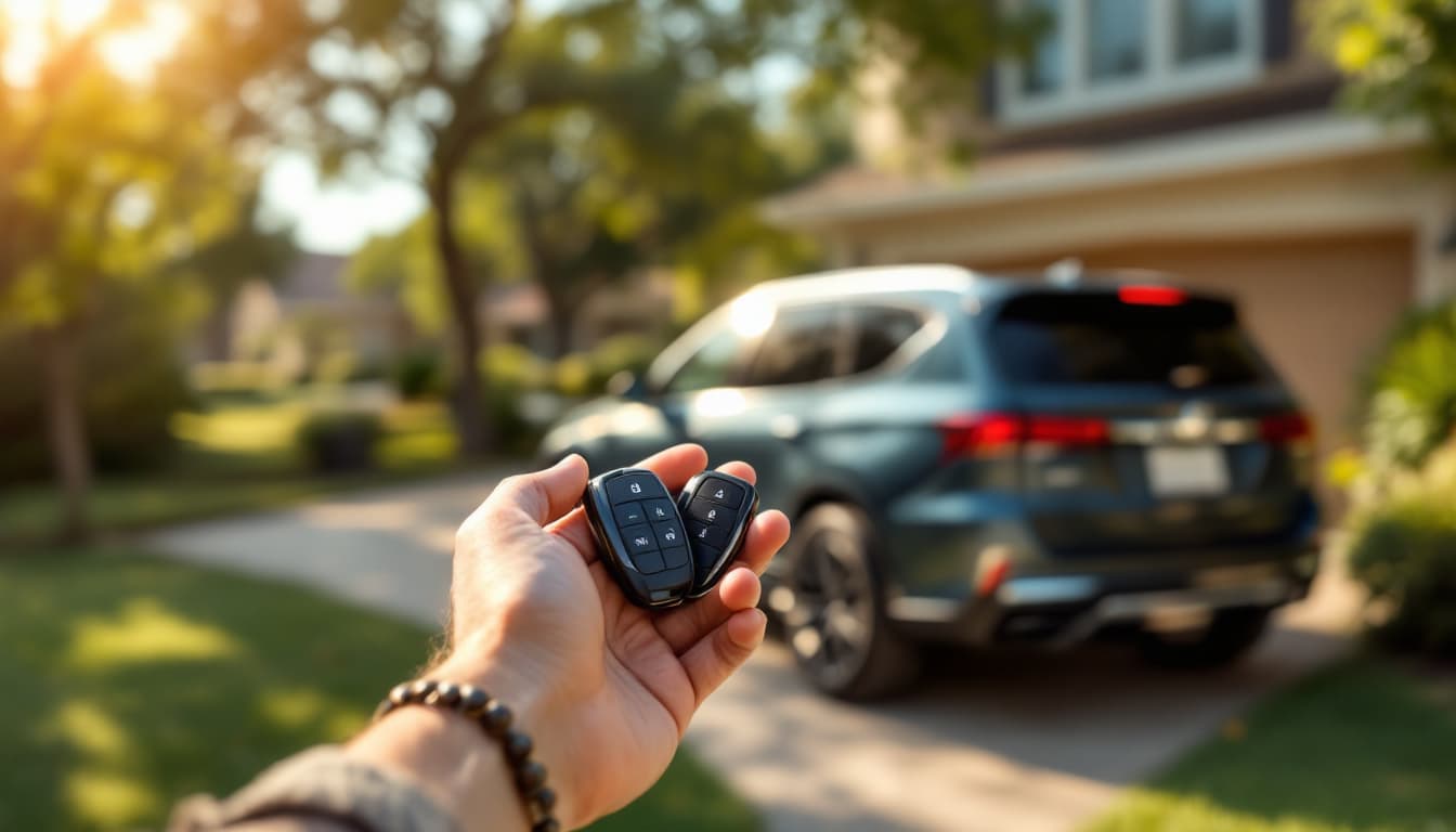 A three-row SUV in a suburban Fort Worth driveway with a technician holding two key fobs