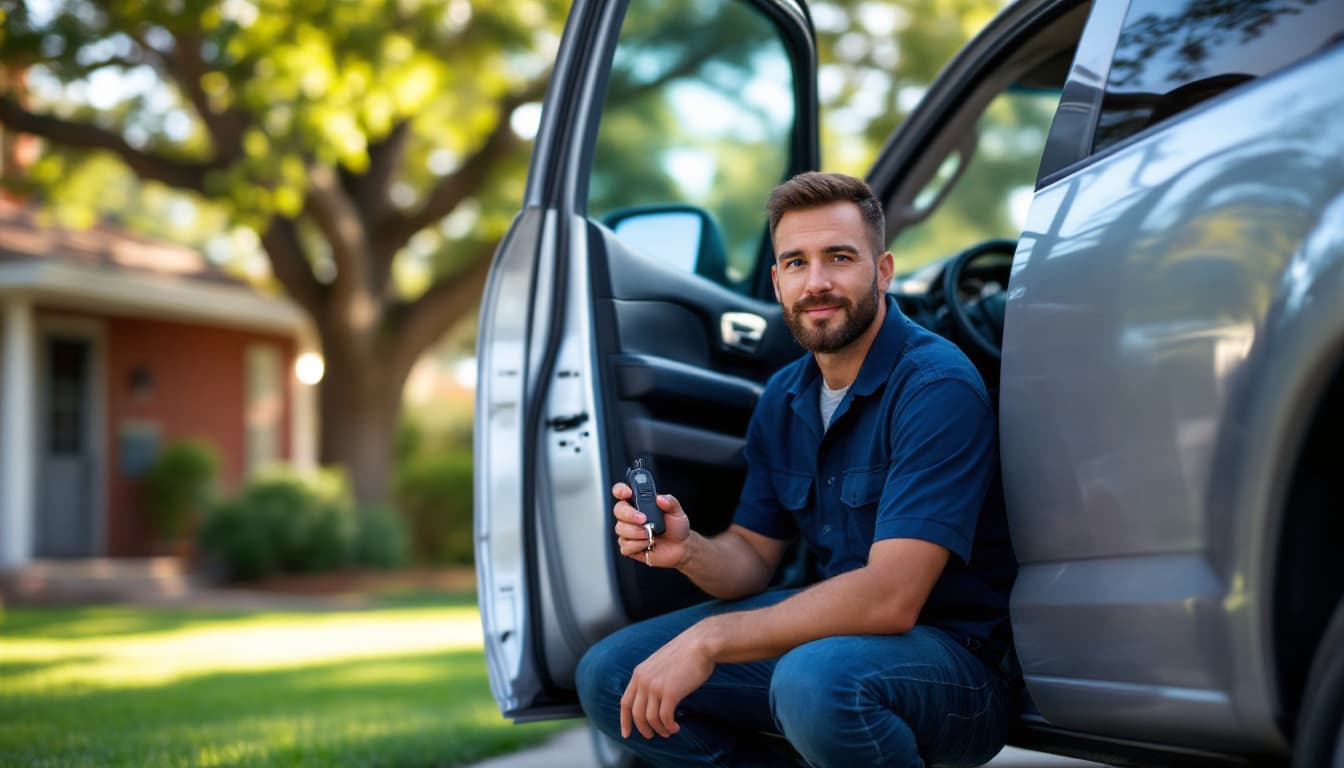 Mobile automotive locksmith programming a spare Honda Ridgeline smart key in a Fort Worth driveway