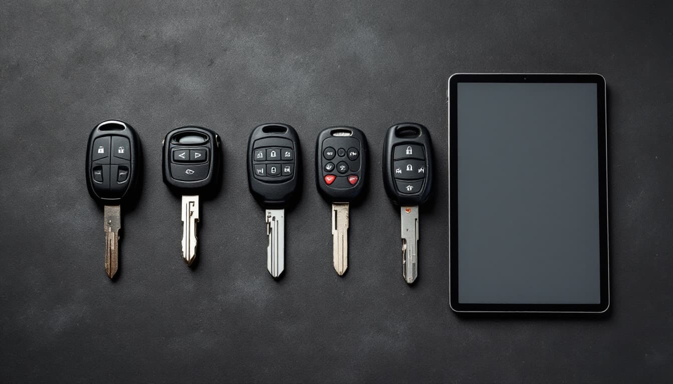 Four car keys and fobs arranged in a row on a workshop bench beside a diagnostic tablet