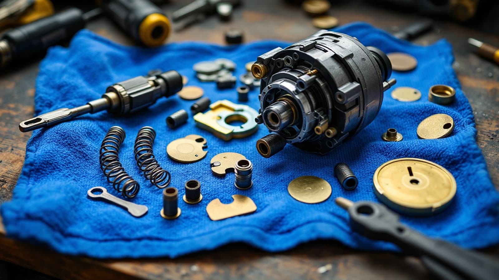 Locksmith rebuilding an ignition lock cylinder on a workbench tray beside a compact sedan steering column
