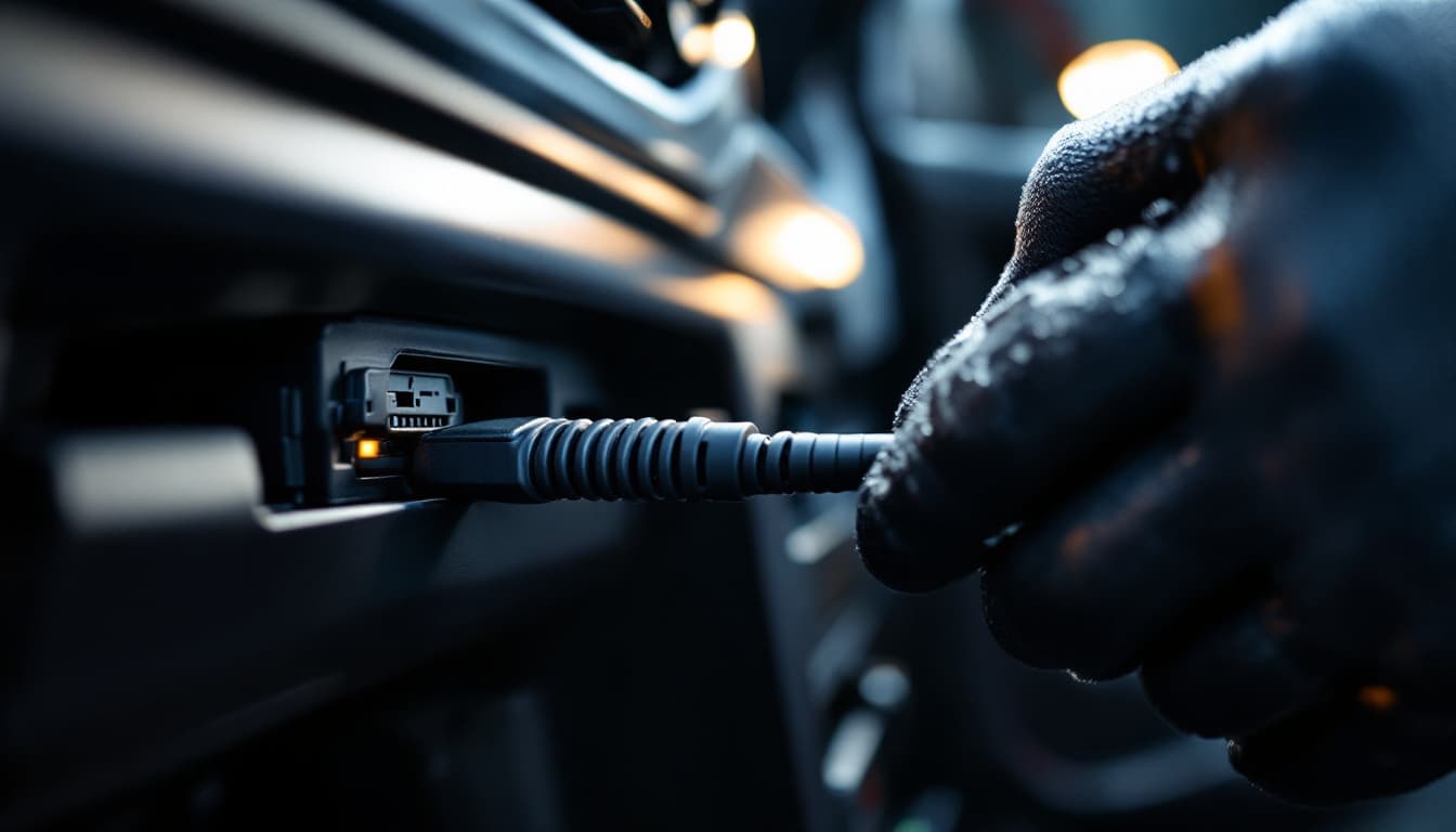Technician plugging a diagnostic cable into the OBD-II port of a Hyundai SUV during immobilizer programming in Fort Worth