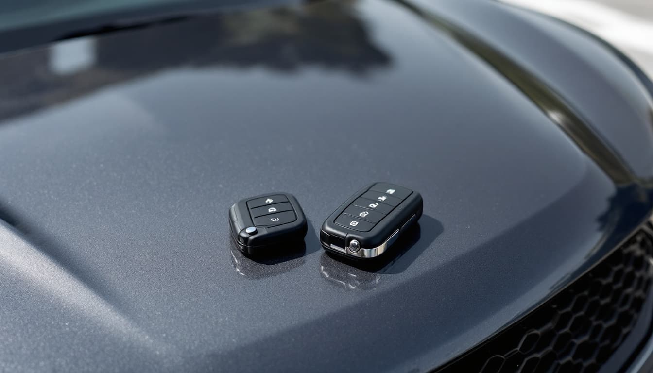 Two Infiniti key styles side by side on the hood of a sport sedan in Fort Worth