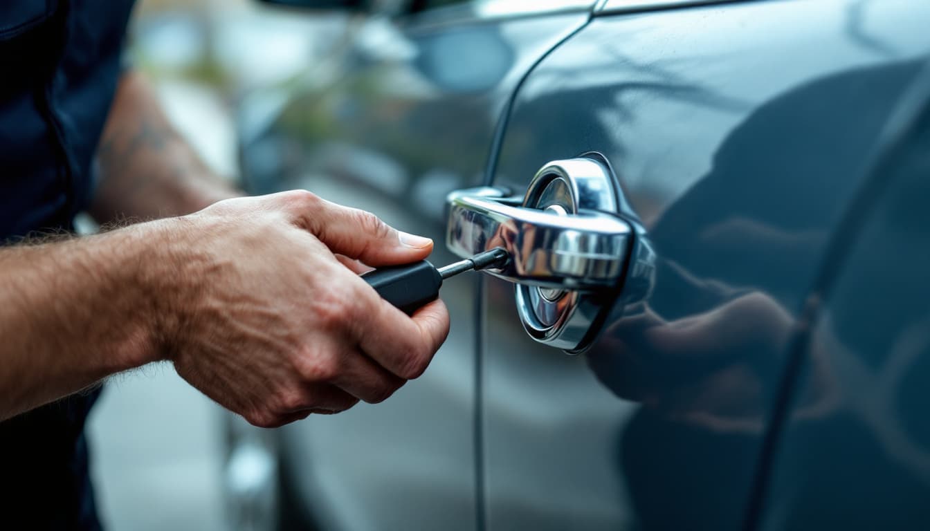 A locksmith decoding a car door lock cylinder with hand tools beside an older luxury sedan