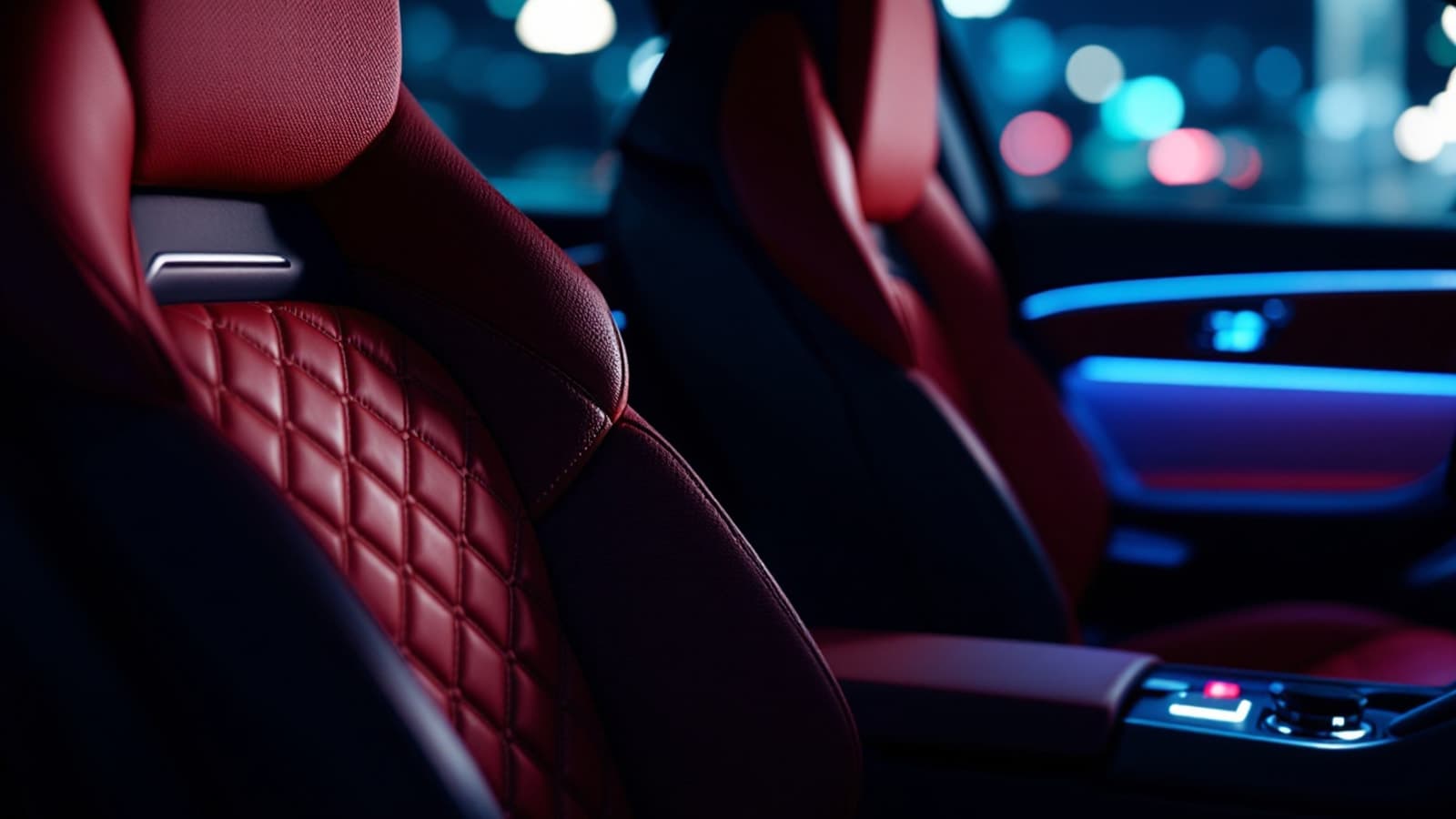 Red quilted leather front seats and console of a modern luxury sport sedan lit by ambient cabin lighting at night