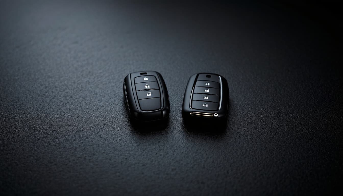 Two different luxury SUV smart keys laid side by side on a dark workshop bench under focused light
