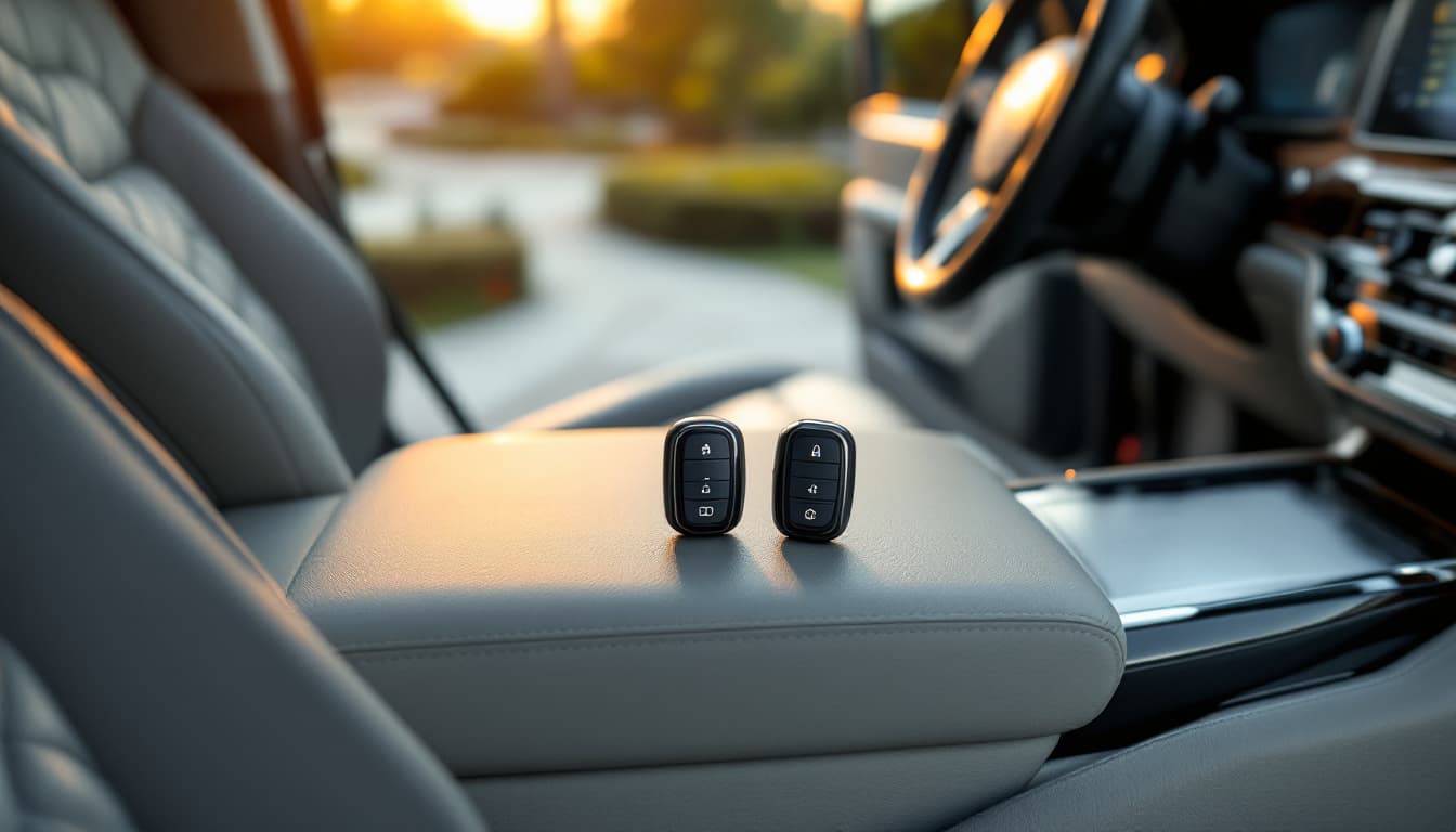 Two Infiniti Intelligent Key fobs on the leather console of a large luxury SUV in a Fort Worth driveway