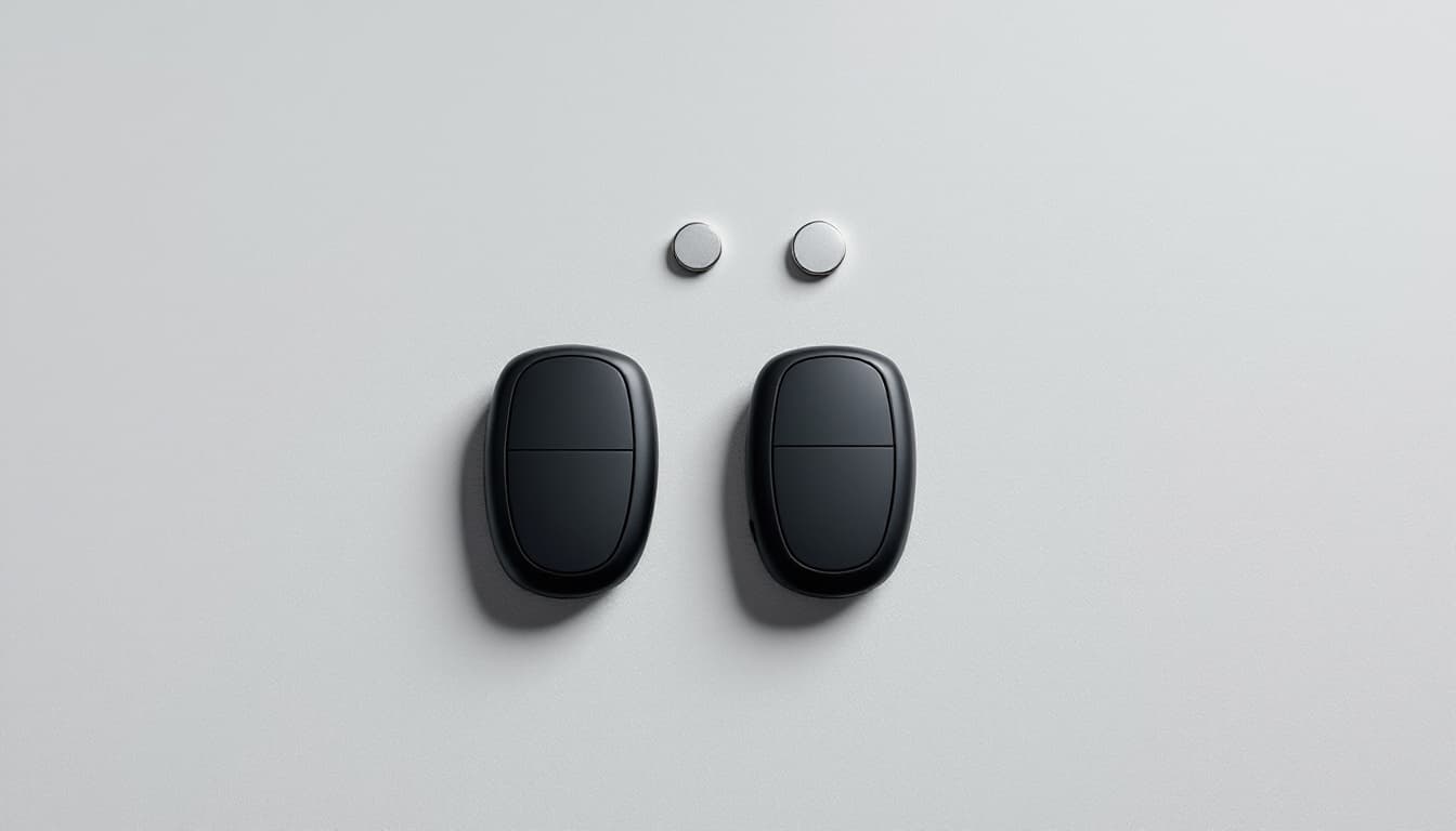 Two nearly identical black smart key fobs side by side with coin cell batteries on a plain grey surface