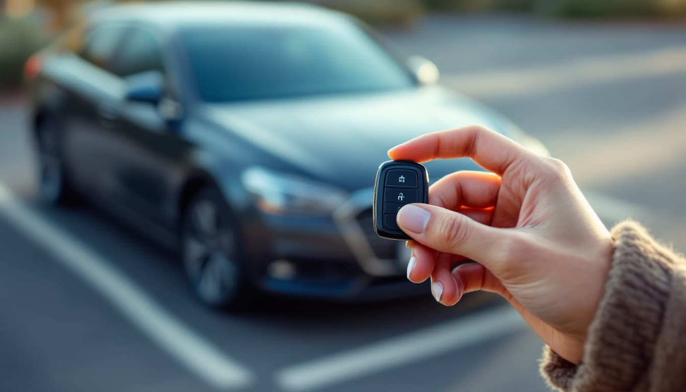 Close view of a hand pressing a black car key fob with a dark sedan parked behind it in a Fort Worth lot