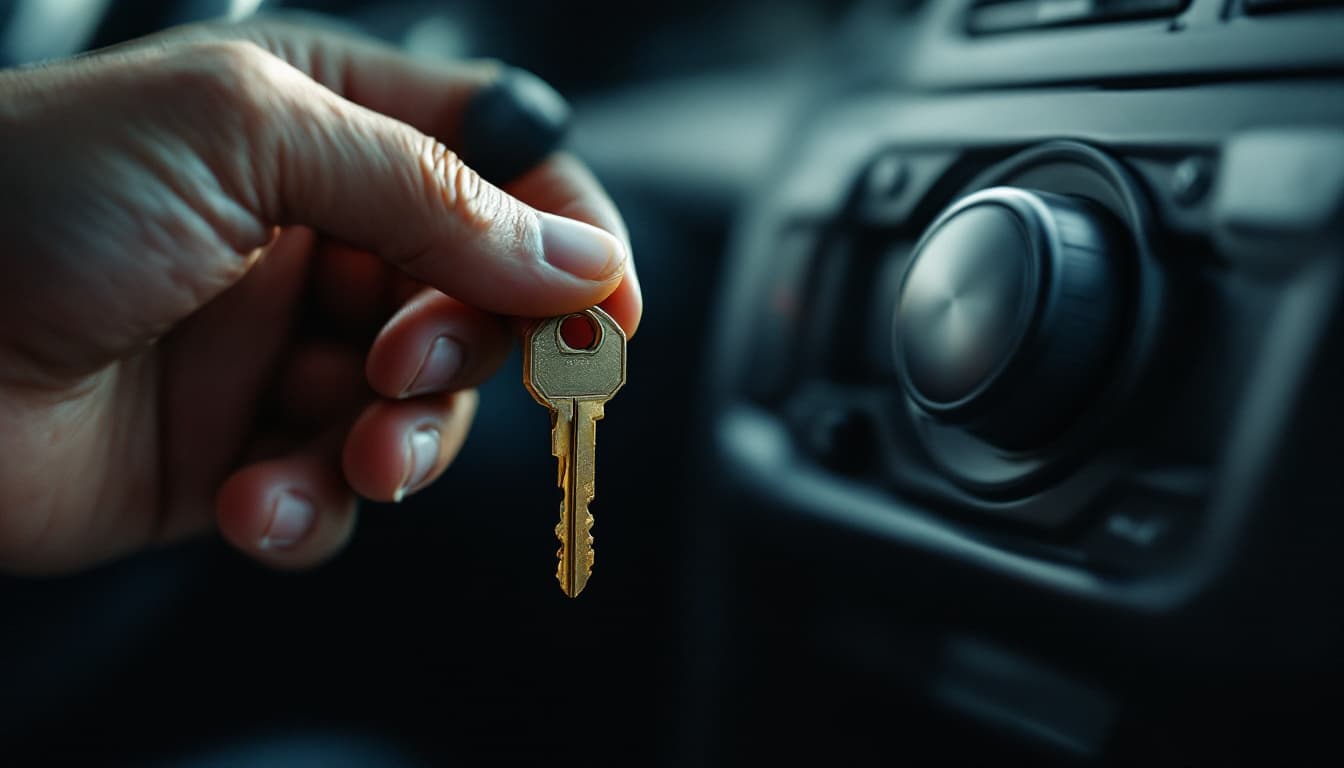 Close-up of a worn car key held beside a steering column ignition cylinder during a Fort Worth mobile locksmith diagnosis