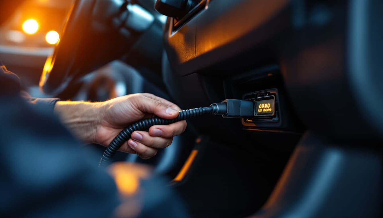 Technician with a diagnostic tablet connected under the dashboard of a sedan during immobilizer module programming in Fort Worth