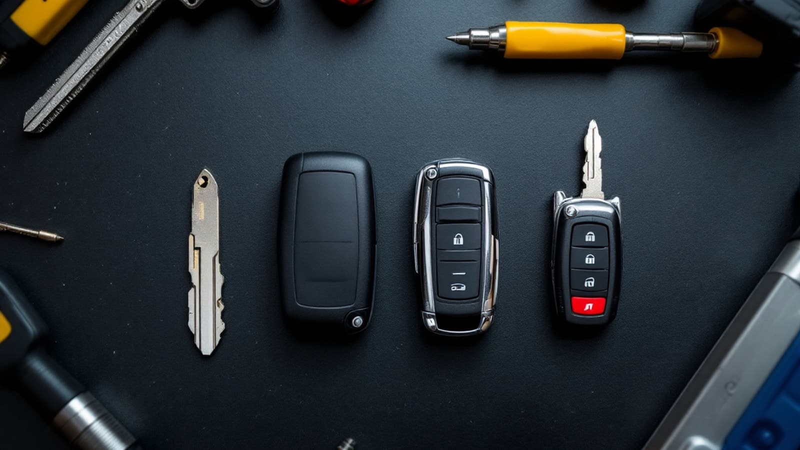Flip key and smart fob laid out beside key cutting equipment in a mobile locksmith van in Fort Worth