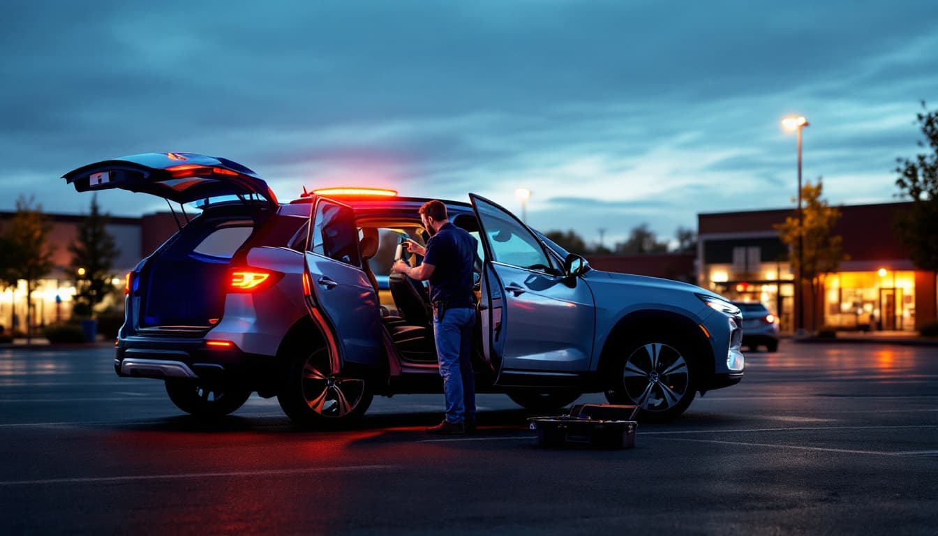 Locksmith working at the open driver's door of a three-row SUV during an all-keys-lost call in a Fort Worth parking lot