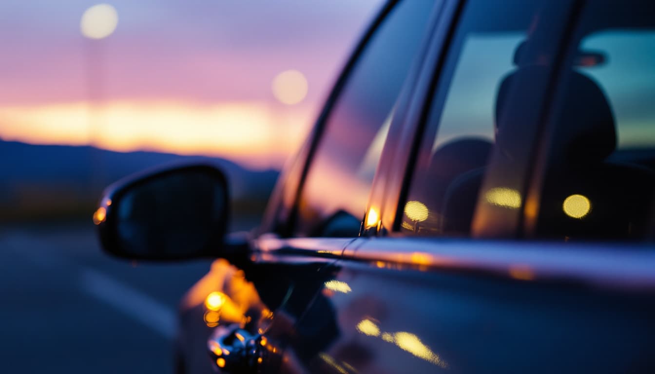 The driver's side window and mirror of a dark car at dusk with the empty seats visible through the glass