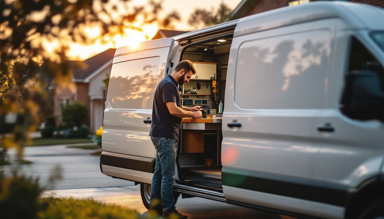 Mobile locksmith van parked in a Fort Worth residential driveway with a technician cutting a key at the side workbench