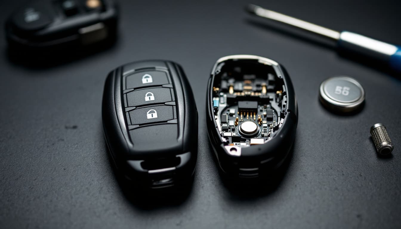 An opened key fob shell on a workbench with a coin cell battery and a small screwdriver beside it