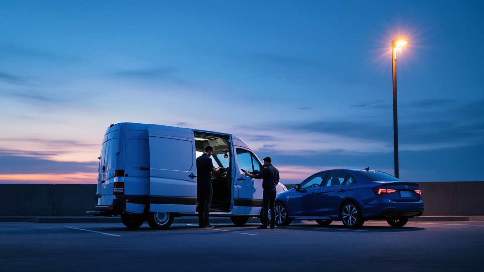 Locksmith van parked beside a dark sedan in a Fort Worth parking lot during an evening key replacement