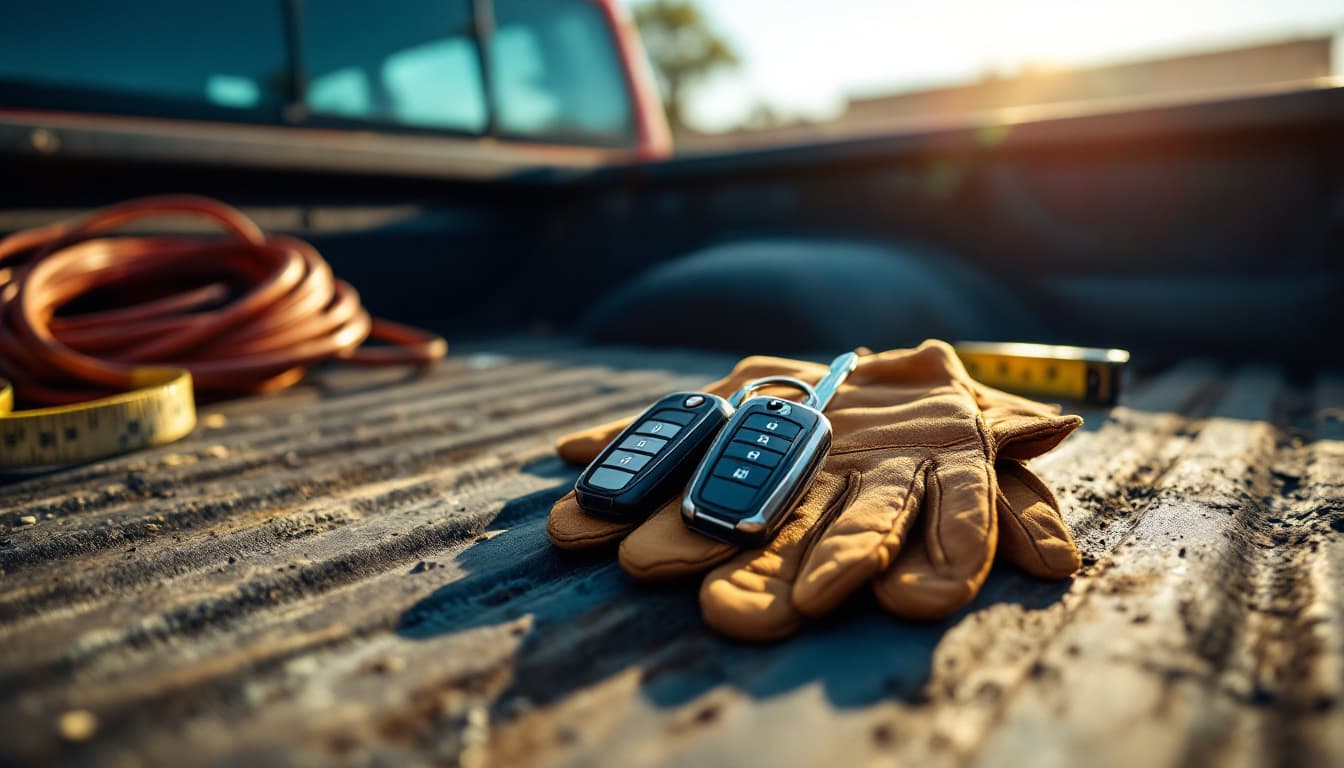 Two truck key fobs and worn work gloves resting in the bed of a dusty pickup at a Fort Worth job site