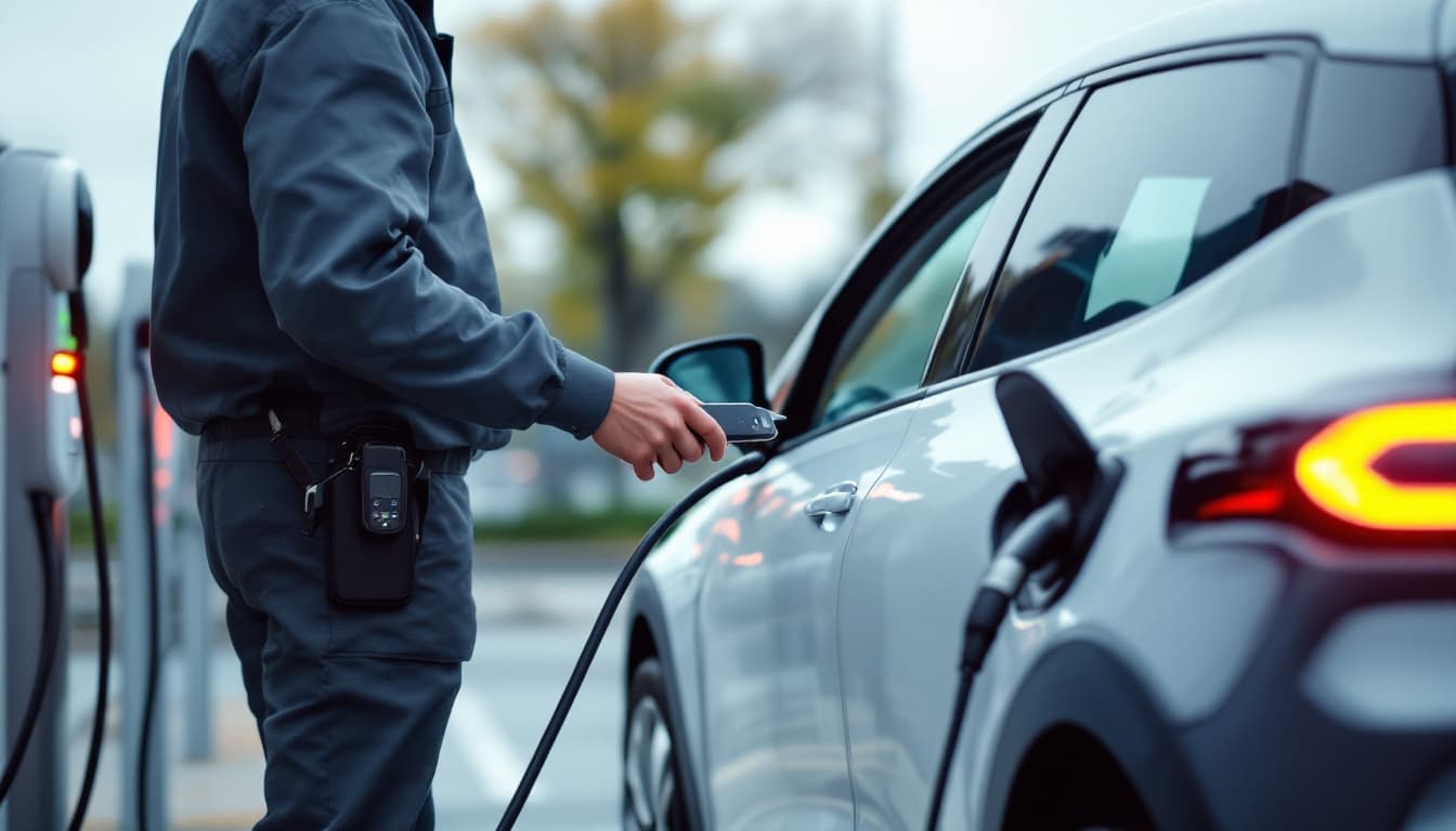 Automotive locksmith programming a replacement smart fob for an electric hatchback at a Fort Worth charging spot
