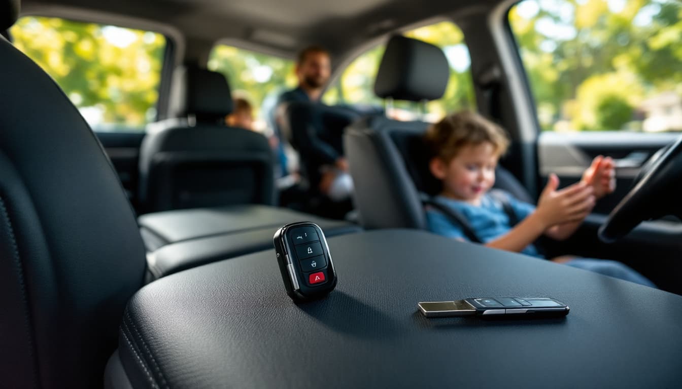 Two Nissan Intelligent Key fobs on the center console of a family SUV in Fort Worth