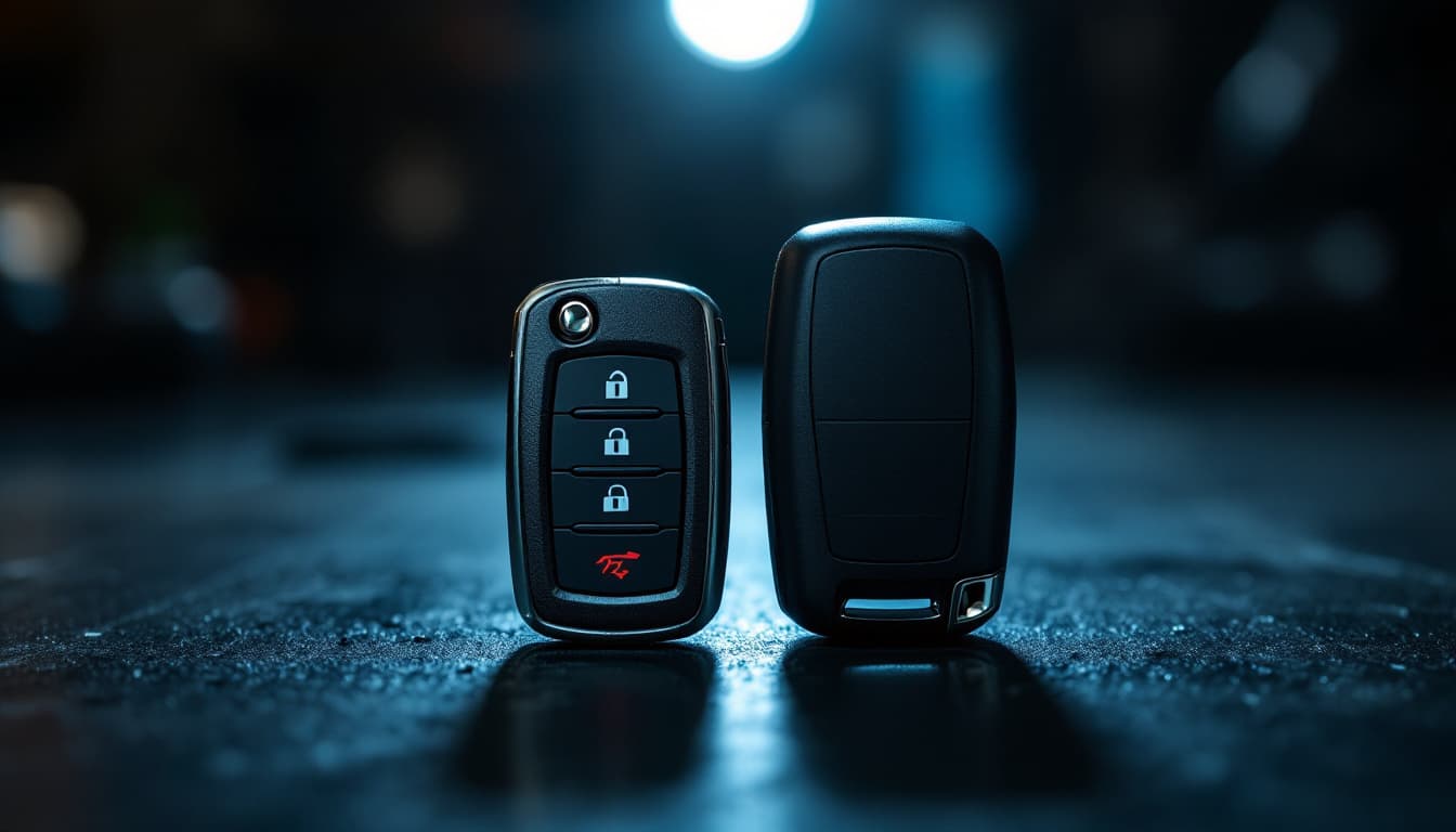 Two different manufacturer key fobs resting on an open vehicle identification plate in a workshop