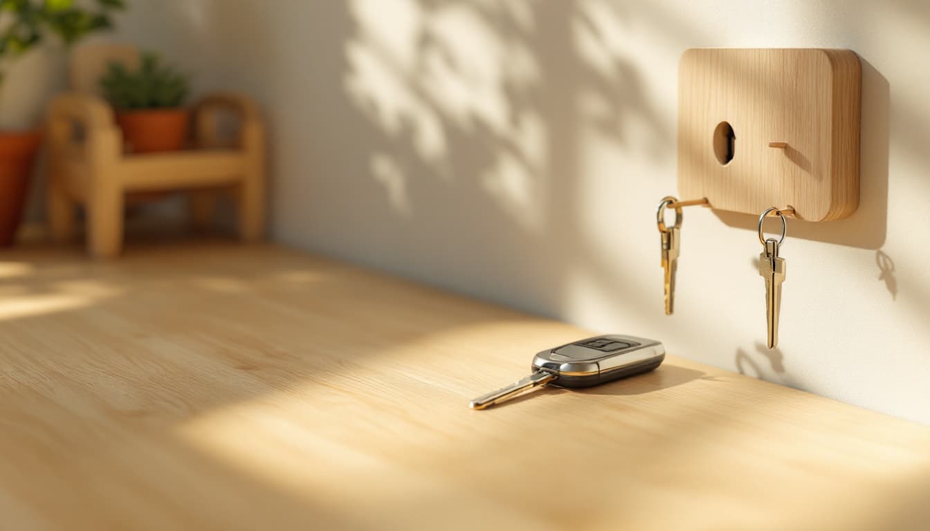 A remote head car key lying on a light wooden counter beside a wall-mounted wooden key rack in warm morning sunlight