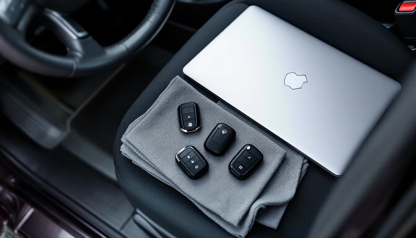 Compact European SUV in a Fort Worth driveway with a locksmith laptop connected during key adaptation