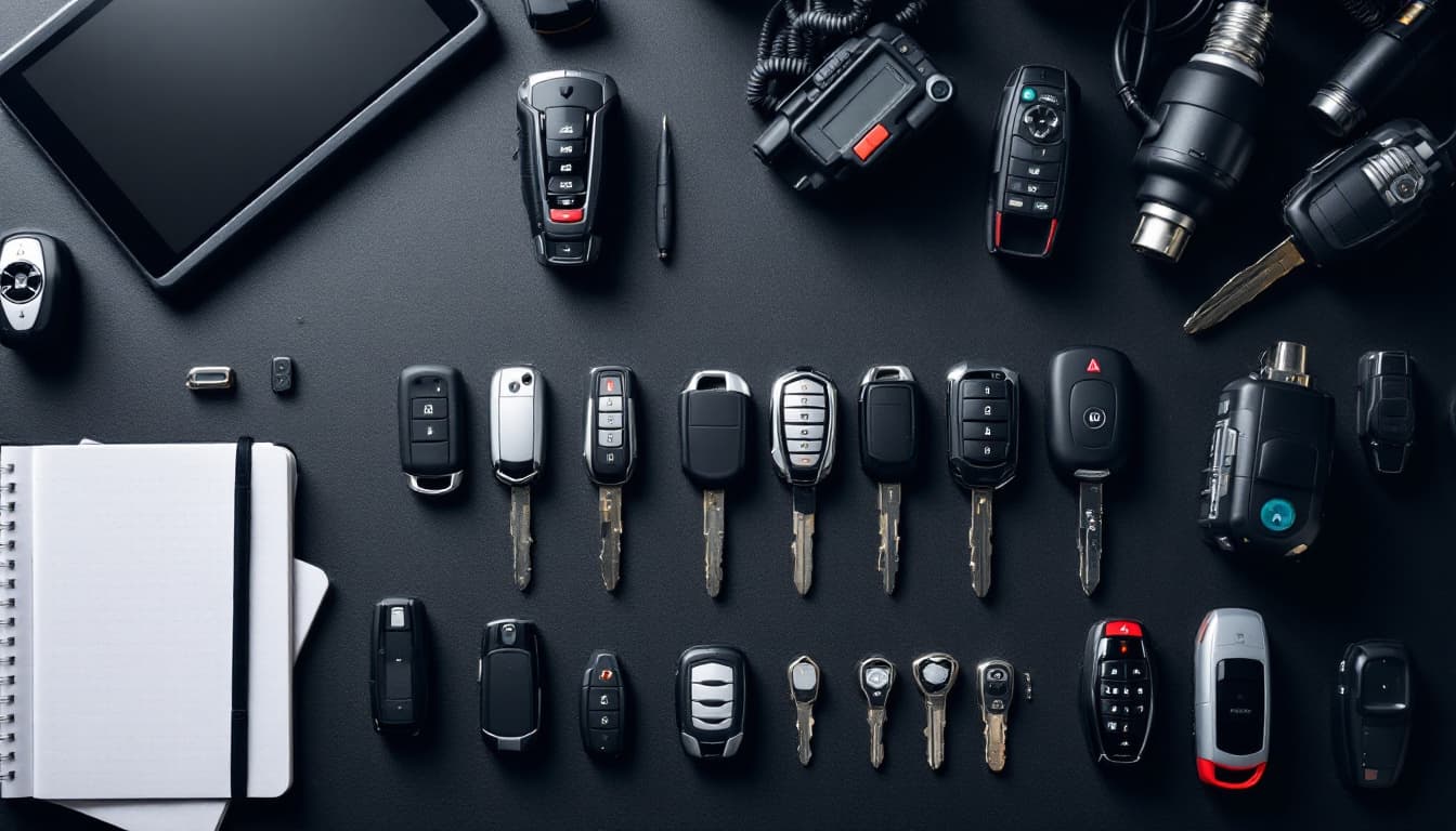 Automotive locksmith comparing a diagnostic tablet against a row of car keys on a workbench in Fort Worth