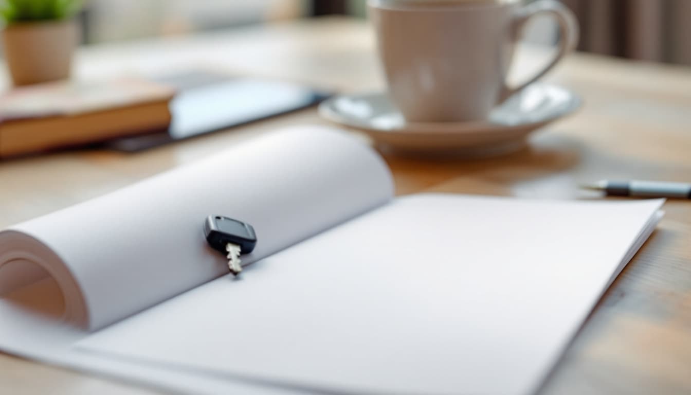 A vehicle insurance document and a set of car keys lying on a kitchen table in daylight