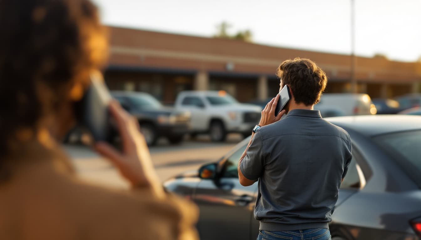 A person on a phone call standing beside parked cars and pickup trucks in a sunlit surface parking lot