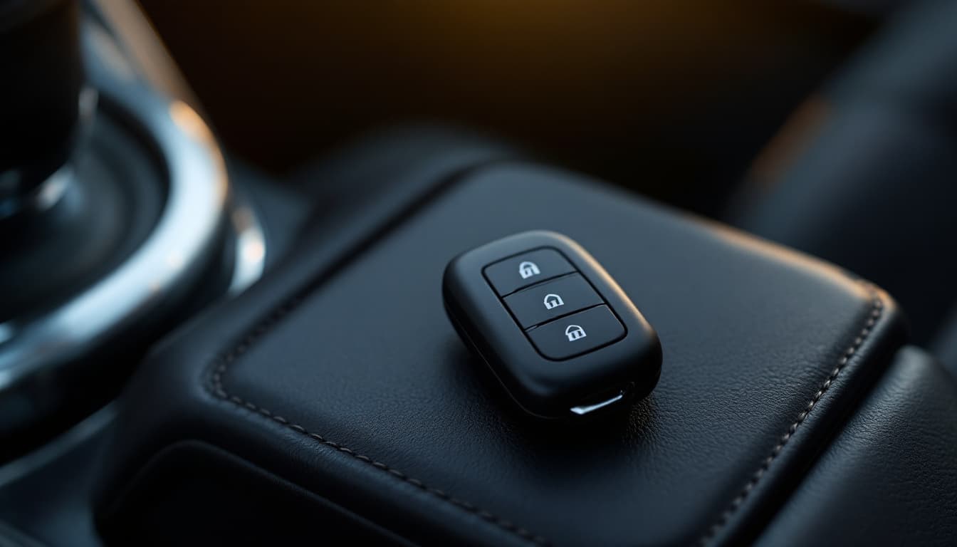 A black smart key fob resting on the stitched leather centre console of a car