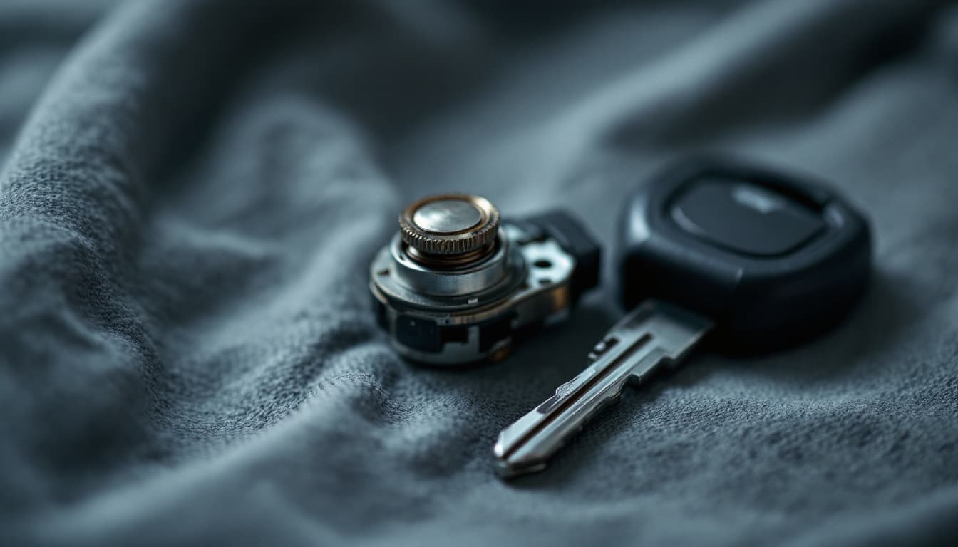 A worn ignition lock cylinder and a freshly cut transponder key on a clean workshop cloth