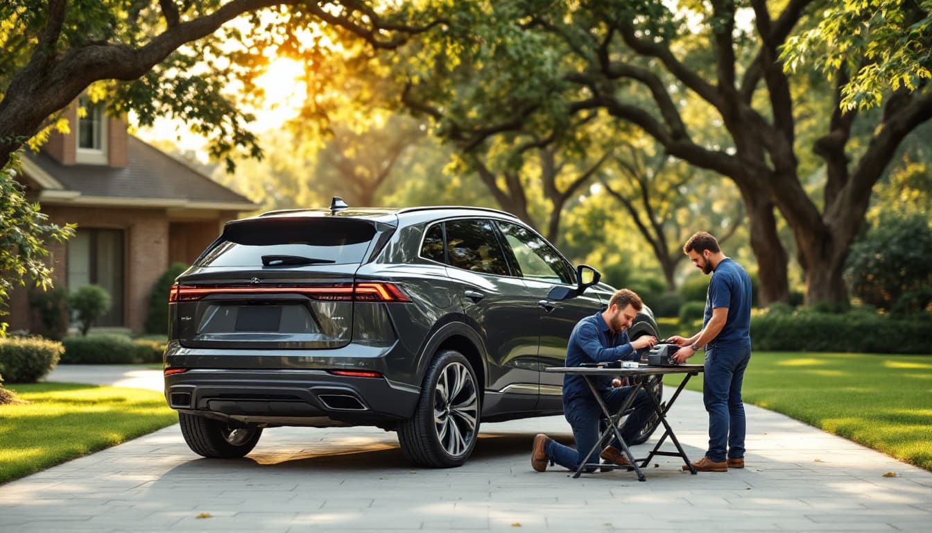 Luxury crossover in a Fort Worth driveway with a locksmith programming a proximity key at the open door