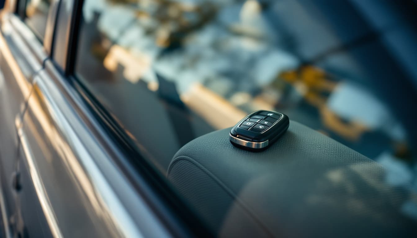 Key fob visible on the driver seat of a locked sedan photographed through the window in a Fort Worth parking lot